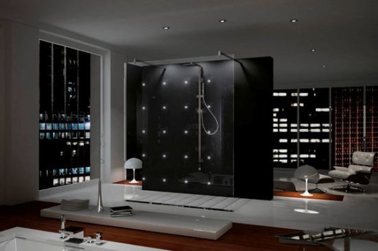 The Sparkle LED stand-alone shower features 20 white LED lights embedded between two panels of glass. Part of the Elysium collection, it can mount from the wall at a maximum length of 59 inches. The lights tie to any regular 110 volt wall switch and have a 25-year life rating. Novellini. www.novellini.com.