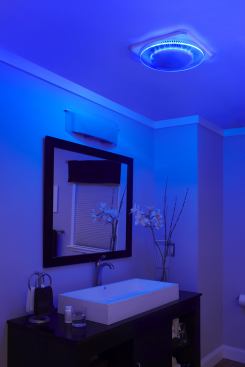 NuTone. An LED nightlight around the LunAura bath fan emits a soothing, soft blue light that provides enough lumination during the night while maintaining a calming atmosphere for sleepy homeowners. The 110-cfm fan also includes a 36-watt main light. It is available with a round, square, or diamond light panel; is Energy Star rated; and operates at just 0.7 sone. 888.336.3948. www.nutone.com. –K.T.