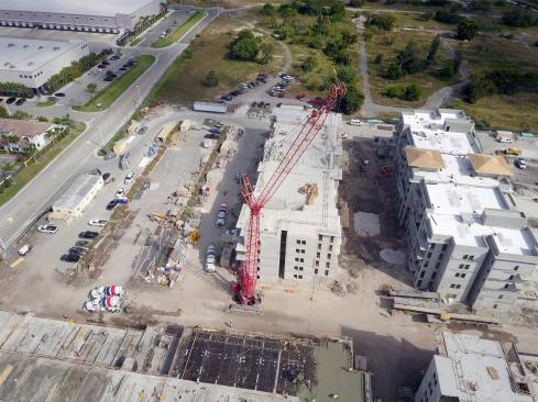 Aerial photography taken by a drone at Parc 3400, a luxury rental community under construction by Current Builders in Davie, Fla.