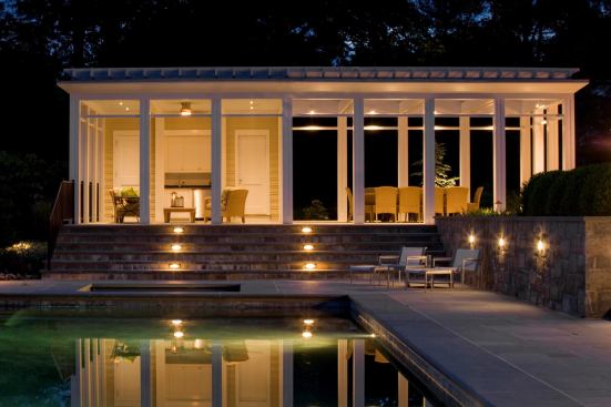 Built to accompany a backyard swimming pool, this pavilion offers elegance, simplicity, and balance. A contemporary take on an Indian pavilion, the structure’s half-open configuration creates two distinct spaces without interrupting the exterior aesthetic. 
Architect: Saniee Architects, Greenwich, Conn. 
Builder: H&Y Construction, Brookfield, Conn.  This pavilion won a 
Merit Award in the 2011 CUSTOM HOME Design Awards.