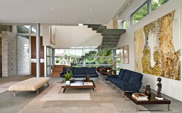 Rising in a geometric design that looks as though it was borrowed from M.C. Escher, this Modernist staircase combines austere concrete with warm wood. Built by Art + Tec Development, the staircase’s use of concrete contributed not only to a chic Modernist aesthetic, but also helped the builder comply with the Miami-Dade hurricane building code.