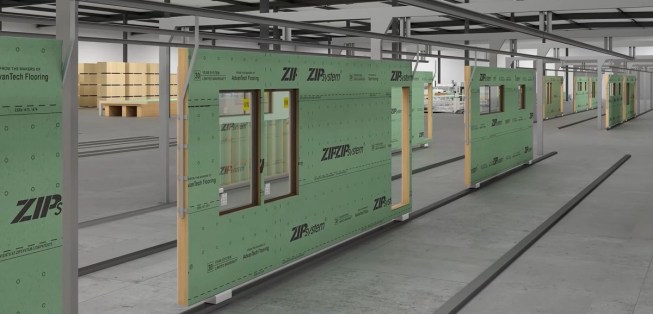 A rendering that shows wall panels on the Plant Prefab factory floor. With expansion, the off-site builder has a target of 800 home deliveries per year.