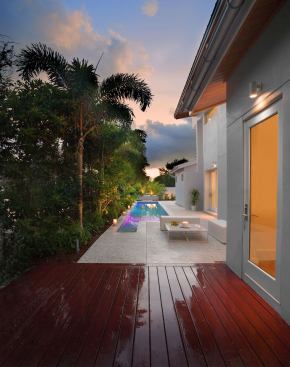 The pool’s Vortex solar heating system utilizes the existing pump to circulate water through a roof-mounted heater during daylight hours. The system increases the water temperature by up to 20%, extending the swimming season into fall and winter. Trex recycled plastic decking was used on the pool deck.