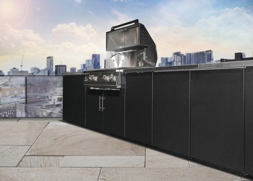 The Post & Panel System by Danver Stainless Outdoor Kitchens, shown here in black, is specifically designed for use in multifamily common areas.