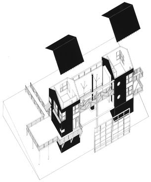 The house looks like a pulled-apart cabin, with the private rooms on either end and a two-story living room in the middle.