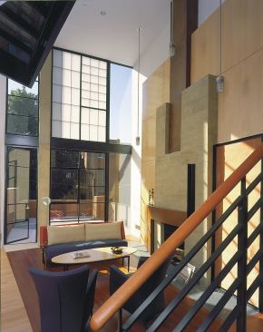 Upstairs, steel panels with copper wire cloth slide on rolling library hardware.   
2001 RADA  Grand, Renovation  Fitch O’Rourke Residence, Washington, D.C.  Robert M. Gurney, AIA, Architect, Washington