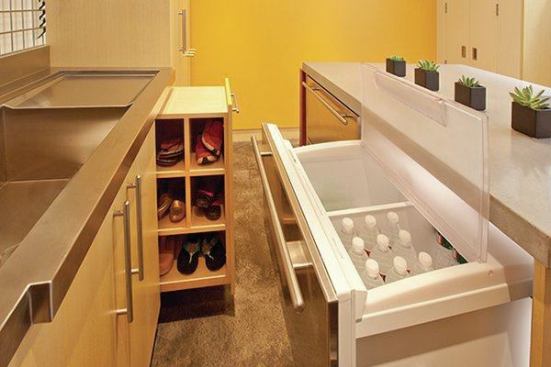 Storage options include pullouts for shoes and a refrigerator drawer.