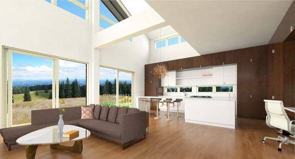 The Ridge model’s double-height space features an open floor plan with a loft above.