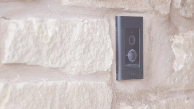 The home features built-in smart home products, like a Ring doorbell camera (pictured), Baldwin smart lock, Honeywell Lyric thermostat, Lutron Caseta switches and Picos, a Sonos Play:1, an Echo Show and an Echo Dot.