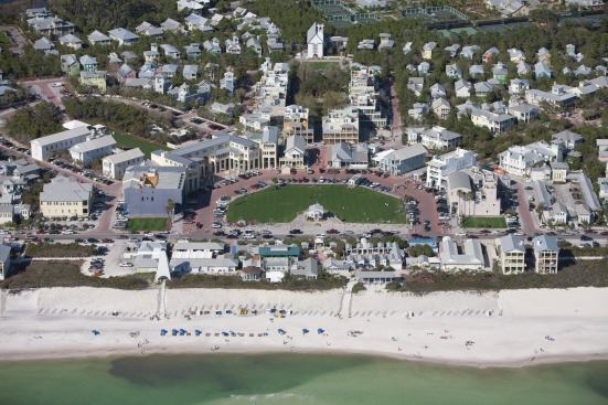 A aerial view of the beachfront development of Seaside, Fla.