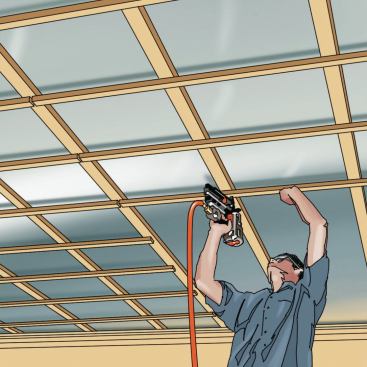 1. Strapped Ceilings Attach the air barrier material to the underside of the ceiling joists or trusses. Strap the ceiling beneath the air barrier with ripped 2x4 or 2x6 material, fastened with structural screws. Then cross-strap with 1x3 strapping. Fasten the wiring to the sides of the 2x strapping, tight to the ceiling, and fasten the drywall to the 1x3 strapping. Be careful not to poke holes in the air barrier.