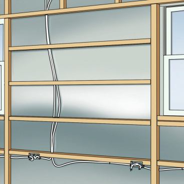 3. Strapped Walls Apply a smart vapor control membrane to the face of the stud wall. Strap the walls with 2x4 material or ripped 2x6 stock, run horizontally. This creates chases for wiring inboard of the air and vapor control membrane. If you need more room, you can frame a whole second wall inboard of the air barrier.