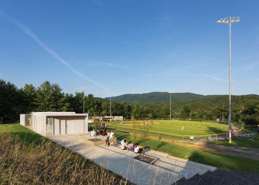 View from the west, with concrete bleacher seating at right.