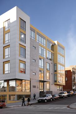 More than 20% of the 62 units in Solea are designed as live/work residences for local micro-businesses in this emerging Washington, D.C., neighborhood. The LEED-ND pilot project includes ground floor commercial space, as well as upper-floor units outfitted with double entrances and movable walls to create office space. The U-shaped building is a concrete podium topped by stick-built construction and clad in corrugated metal and stucco, with two levels of underground parking. And it’s affordable: 35% of the units are reserved for households making less than 50 percent of the area median income. 
Project: Solea Condominiums, Washington, D.C. 
Architect: Sorg Architects 
Builder: Hamel Builders 
Developer: Jair Lynch Development Partners
