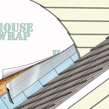 If the housewrap is already in place and the step flashing has already been applied, here’s a fix: slit the housewrap above the step flashing and slide the peel-and-stick up under the existing housewrap, lapping it down over the existing step flashing. Cut and fit a housewrap patch to cover.