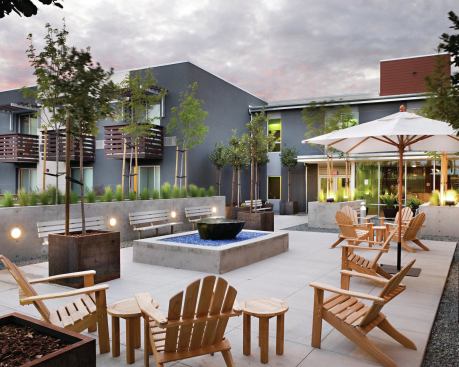 Developer Dan Wu of Charities Housing made a wise splurge: a fountain. The water feature has proved to be the centerpiece of the terrace.