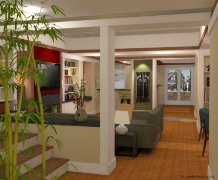 A view of the show house's living area toward the front of the house.