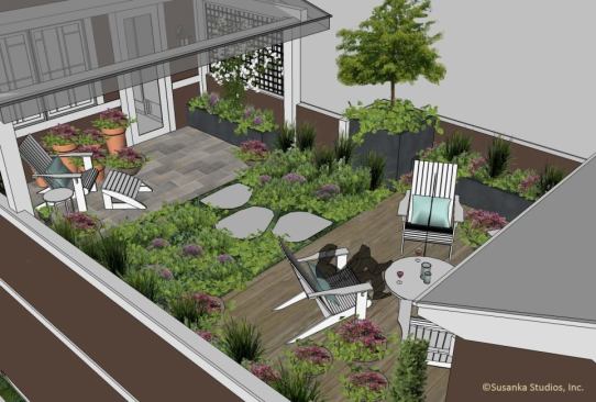 Atop the back-loaded garage, Susanka included a roof terrace for quiet, private relaxation that maximizes the small lot.