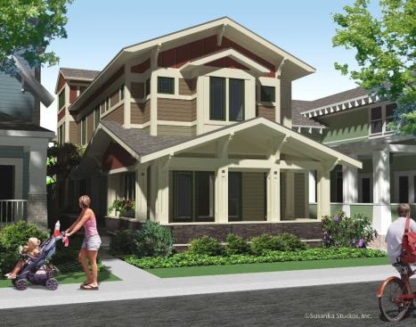 A rendering of the SchoolStreet Not So Big show house's exterior shows the house's side entry and the development's characteristic deep front porches and engagement with the street.