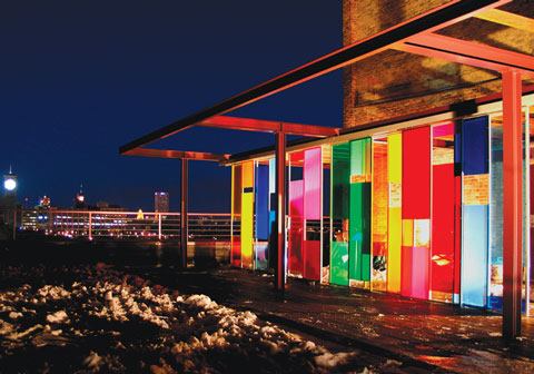 Parts House Pavilion, Milwaukee
2007 Grand Award - Custom Outdoor Spaces
Entrant/Architect: Johnsen Schmaling Architects, Milwaukee; Builder: Kotze Construction, Milwaukee; Project size: 1,500 square feet; Construction cost: $34 a square foot; Photographer: Johnsen Schmaling Architects.007 Outdoor Spaces' Winners
A curtain of colored plastic panels hung from a steel trellis creates a movable feast of color when the terrace lighting system is turned on.