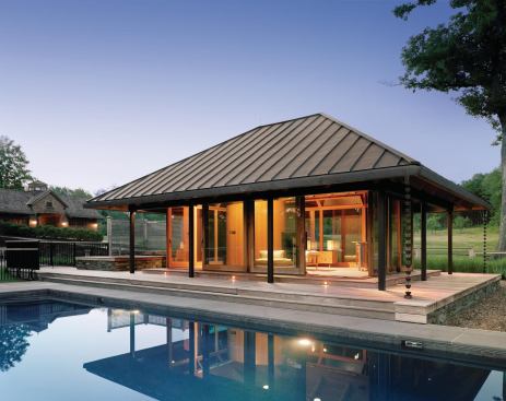 The design of the pool pavilion evolved while the owner was working in Japan. 