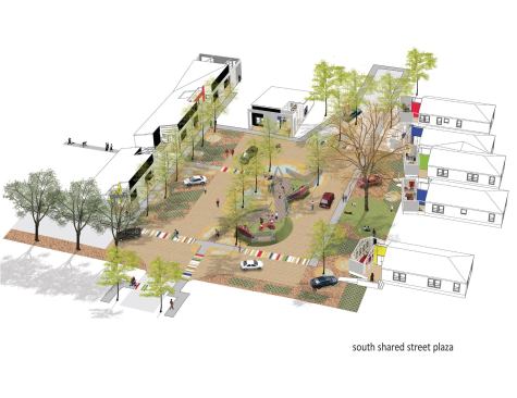The porches offer common areas and contribute to a vibrant street life.