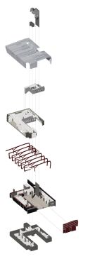 Structural concrete and ironspot masonry anchor the building. In the solid base is a lighter steel framework and folded zinc roof.