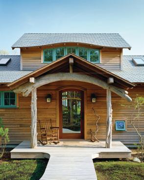South Mountain projects celebrate sustainable, natural, and local materials, as in the rugged porch framing of the Edgartown Great Pond residence.