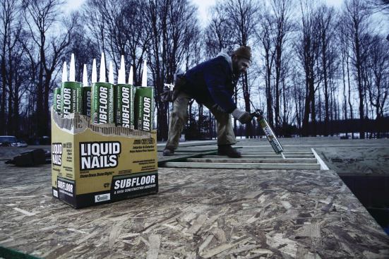 Liquid Nails. Liquid Nails Subfloor and Deck Construction Adhesive (LN-902) is a heavy-duty exterior/interior latex-based adhesive for walls and subfloor systems. Formulated to adhere to wet or frozen lumber in temperatures as low as 22 degrees, it has a VOC content of 20 g/L and is certified to Greenguard Children & Schools. The company has a number of Greenguard Children & Schools-certified adhesives covering a wide range of applications, all with VOC content below 50 g/L. 800.634.0015. www.liquidnails.com.