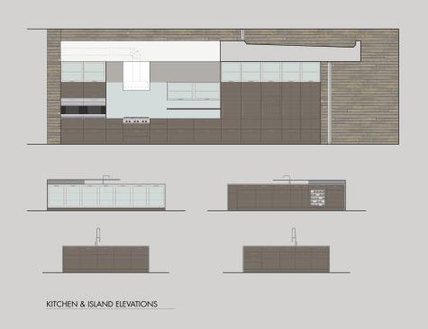 The cooktop wall and island elevations show that abundant storage space is key to the design.  