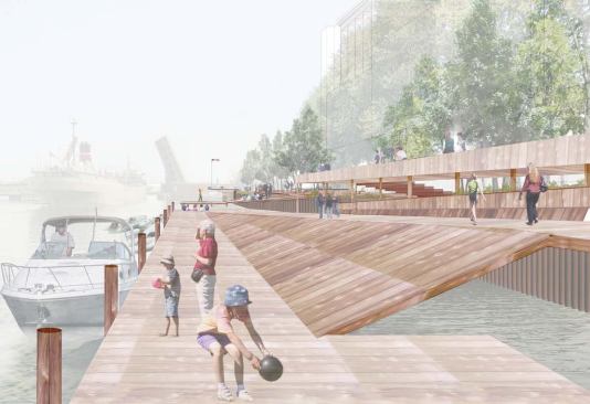 Vetter Denk partnered with Boston-based StoSS Landscape Urbanism to create a mixed-use master plan for downtown Green Bay that includes a lively boardwalk (left and above left) and Astor Place Condominiums (above right), a 95-unit project slated for construction this year. Other planned buildings include for-sale and rental units, plus commercial, civic, and retail projects.