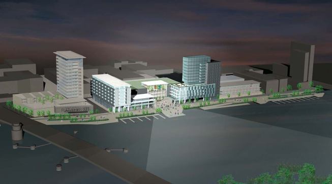 Vetter Denk partnered with Boston-based StoSS Landscape Urbanism to create a mixed-use master plan for downtown Green Bay that includes a lively boardwalk (left and above left) and Astor Place Condominiums (above right), a 95-unit project slated for construction this year. Other planned buildings include for-sale and rental units, plus commercial, civic, and retail projects.