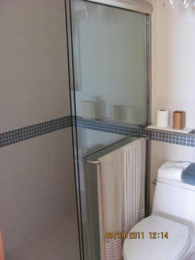 The bathroom is simple and functional.