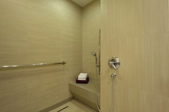 The shower was designed around an existing skylight to provide natural light during the day, resulting in a master bath that meets ADA requirments, with an overall impression of style and high function.  