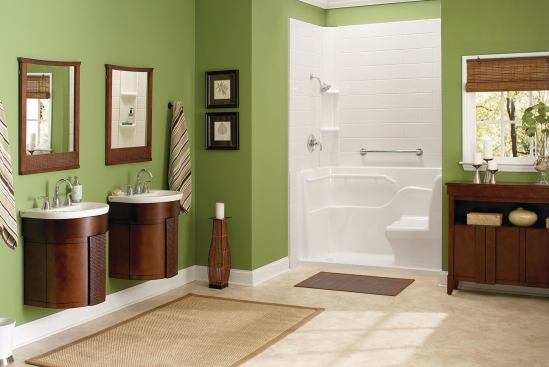 SAFETY SETUP: Made to fit standard tub and shower openings, the acrylic Seated Safety Shower includes a contoured seating area, a wrap-around grab bar, an armrest, and a 3-inch threshold. Available in white or biscuit, the unit comes in right- or left-hand configurations. American Standard. 800-442-1902. www.americanstandard-us.com. Booth no. W121.