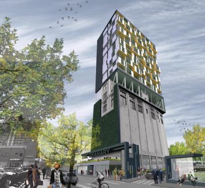 The Granary proposal perches a 12-story apartment tower atop an historic grain storage facility, reusing its existing silos for an indoor climbing wall, a rainwater cistern, and an art gallery.