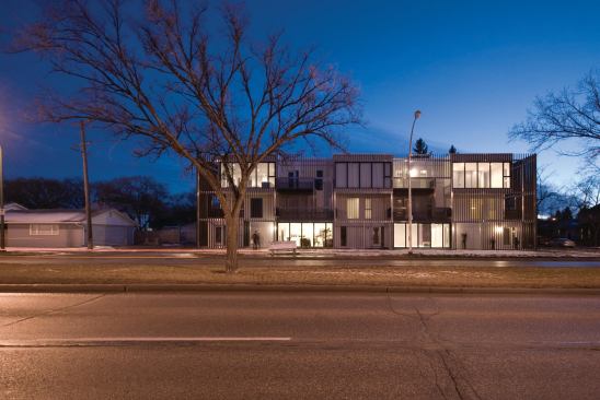 Completed in 2011, the 12,000-square-foot condominium complex, Bloc_10, incorporates box design to differentiate among its 10, three-story condos that each contain three separate living spaces.