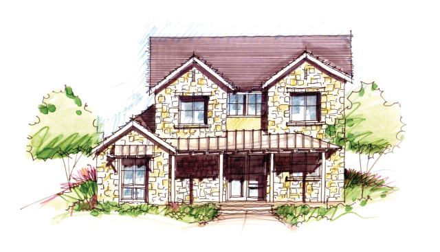 Woodley estimates the alley homes can be built for as little as $45 per square foot. Elevations are designed to appeal to young buyers, who don’t necessarily share the nostalgia for period styles. “The appearance of TVs, cars, phones, and commercial architecture is constantly being updated,” Woodley says. “Why not new homes?” The Modern Hill Country elevation features simple lines and a metal porch roof.