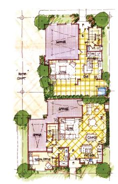 Two homes share a typical alley lot on 50-foot-by-45-foot parcels, and a common motor court serves the hidden side-load garages. One house faces the street, the other faces a greenway behind it. The kitchens, with their wraparound bars, act as primary or secondary eating areas, and indoor-outdoor spaces fit together like a glove.