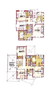 The second floor contains three bedrooms; the plan with two single-car garages offers the option of an additional bedroom over one of the garages