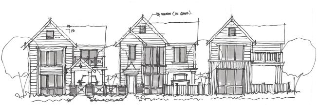 Elevations show three homes on the right side of the greenway sidewalk that cuts between the lots. The Traditional elevation combines steep rooflines with glass that comes down to the floor.
