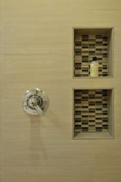 Niche shelves positioned at wheelchair meet the needs of household members who are physically challenged, as well as those who are not.  