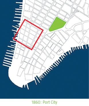 THE ECONOMIC CITY

The history of Manhattan, 1660-2200, as envisioned by Field Operations. Until now, development in the city has been driven by economics. But rising sea levels could put ecology in charge. Imagine vegetation shaping development and water commingling with life in the city. Eventually, the southern tip of Manhattan might become its own island with a ring beach at the edge.