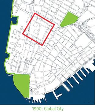 THE ECONOMIC CITY

The history of Manhattan, 1660-2200, as envisioned by Field Operations. Until now, development in the city has been driven by economics. But rising sea levels could put ecology in charge. Imagine vegetation shaping development and water commingling with life in the city. Eventually, the southern tip of Manhattan might become its own island with a ring beach at the edge.