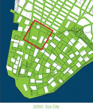 THE ECOLOGICAL CITY

The history of Manhattan, 1660-2200, as envisioned by Field Operations. Until now, development in the city has been driven by economics. But rising sea levels could put ecology in charge. Imagine vegetation shaping development and water commingling with life in the city. Eventually, the southern tip of Manhattan might become its own island with a ring beach at the edge.