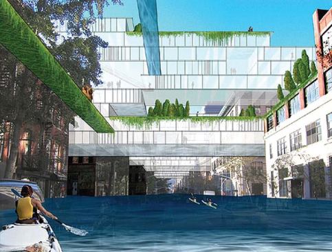 Manhattan's watery future: The Architecture Research Office (ARO) imagines new building types hovering over flooded streets in City of the Future (New York 2106). ARO studied the 1874 Viele water map, showing natural underground streams, to determine the areas likely to flood first. The resulting plan echoes early, preland. ll Manhattan, when the waterline was serrated by slips and docks. In this way, says ARO's Adam Yarinsky, the design "engages the city's past as much as its future."