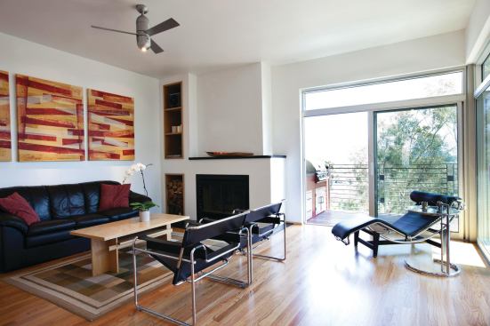 The home’s predominant north-facing elevation is ideal for mitigating solar heat gain but difficult for harvesting daylight to offset lighting energy demand. The open floor plan includes large window and patio door expanses that draw and share as much daylight as possible. Ceiling fans from The Modern Fan Co. are essential to the home’s passive cooling and ventilation scheme. 888.588.3267. www.modernfan.com. 