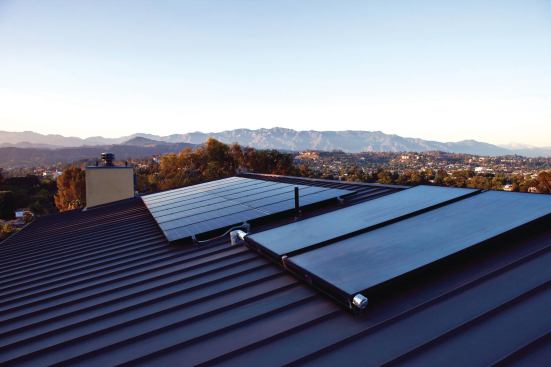 An R-38 insulated roof topped with a reflective, standing-seam metal roof from Custom-Bilt Metals is fitted on its west-facing side with a 3.2-kW PV array of 185-watt solar panels from Mitsubishi Electric and a pair of solar thermal collectors from Heliodyne. Custom-Bilt Metals: 800.826.7813. www.custombiltmetals.com. Mitsubishi Electric: 714.220.2500. www.mitsubishielectricsolar.com. Heliodyne: 888.878.8750. www.heliodyne.com. 