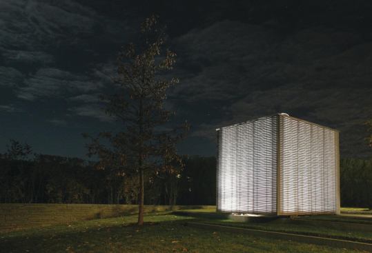 The lanterns are simple sculptural volumes that change in form and function from season to season. The screens are made of latticed white cedar and translucent polycarbonate.