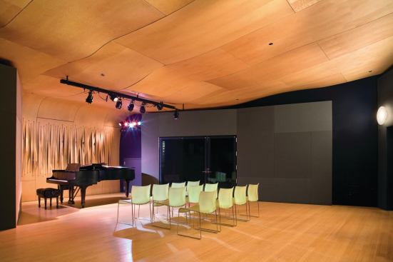 Curving birch plywood planes respond to the acoustical and spatial challenges of Firehouse 12, which houses an apartment, music studio, and performance space.